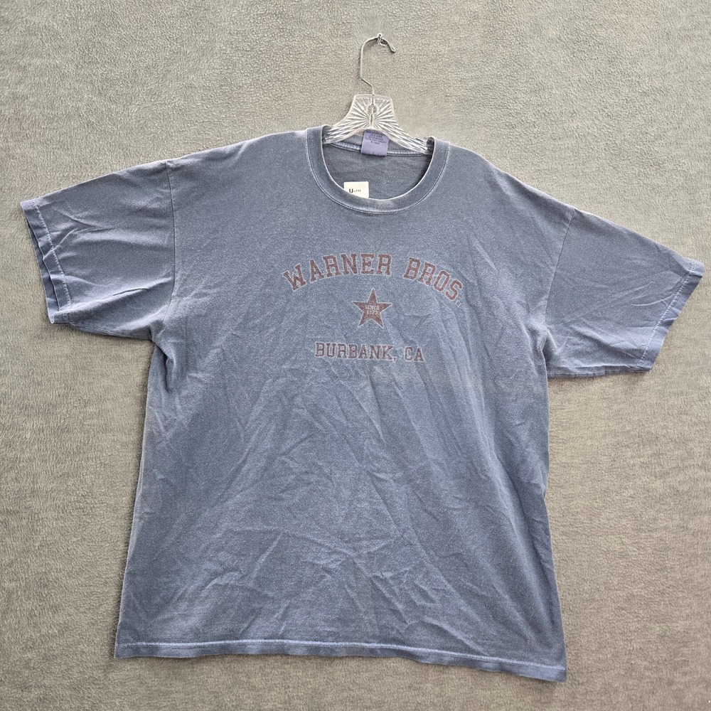 VINTAGE Warner Bros Men Shirt XL Blue Burbank CA Cotton Graphic READ